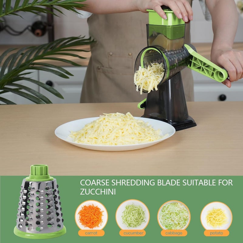 TiwisiTe Rotary Cheese Grater Multi-Purpose Stainless Steel Shredder- Cheese Grater With handle Effortless Grating of Vegetables, Nuts and Fruits,with Suction Base and Cleaning Brush (green) - Image 2